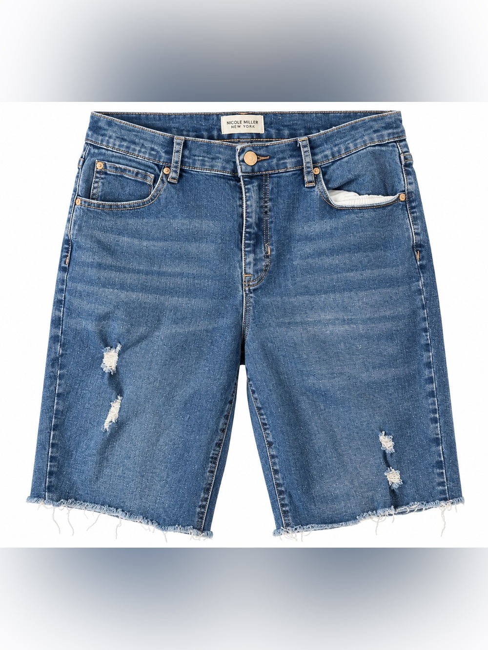 Nicole Miller New York Size 14 High Rise Distressed Denim Bermuda Shorts